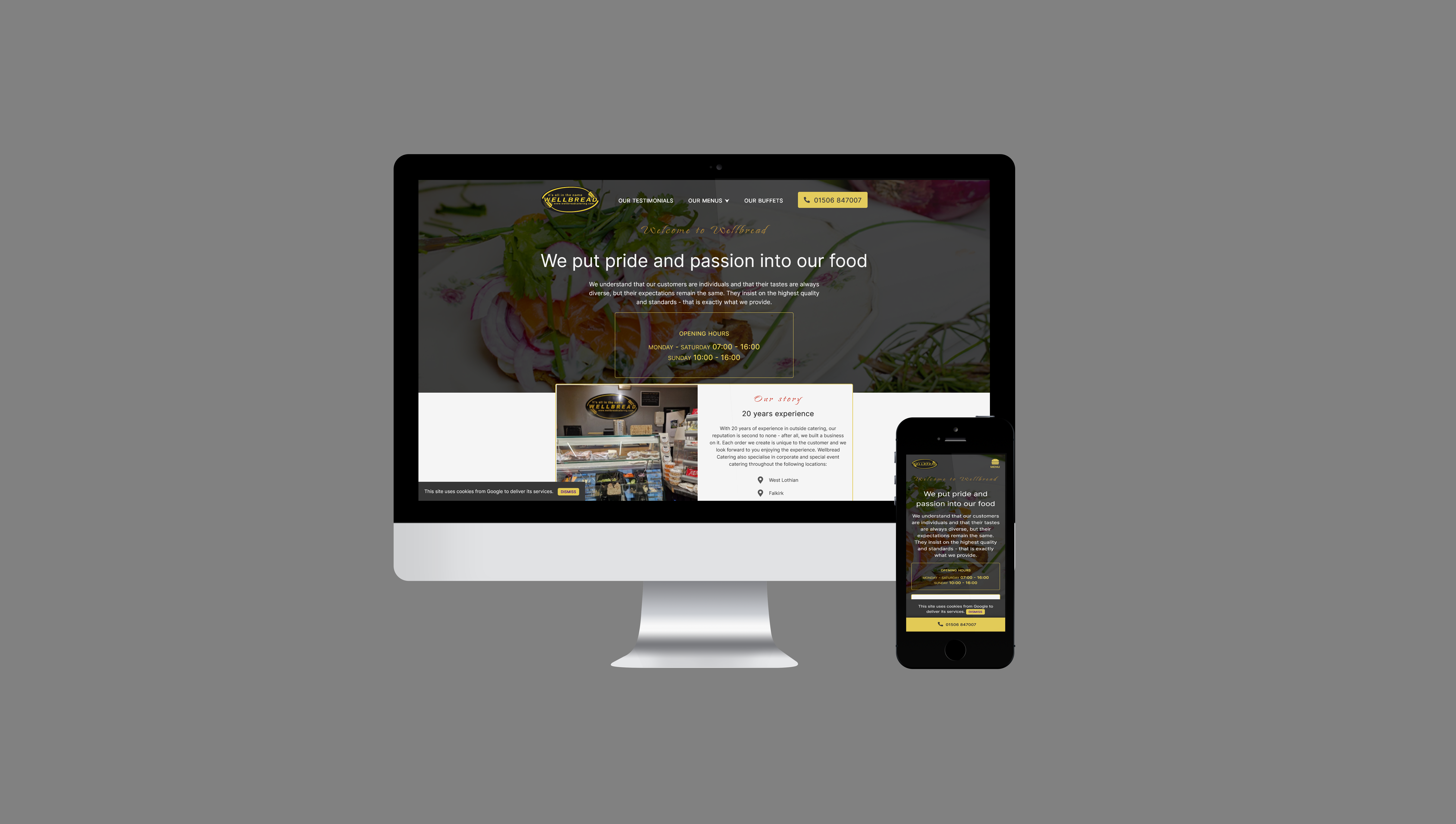 A mockup of the Wellbread Catering website on a laptop and mobile device